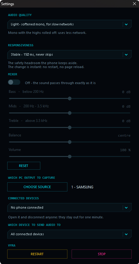VYRA settings: audio quality, responsiveness, three-band mixer, source and connected devices