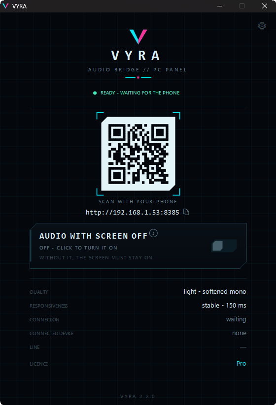 The VYRA panel on Windows: the QR code to scan, connection status and control rows